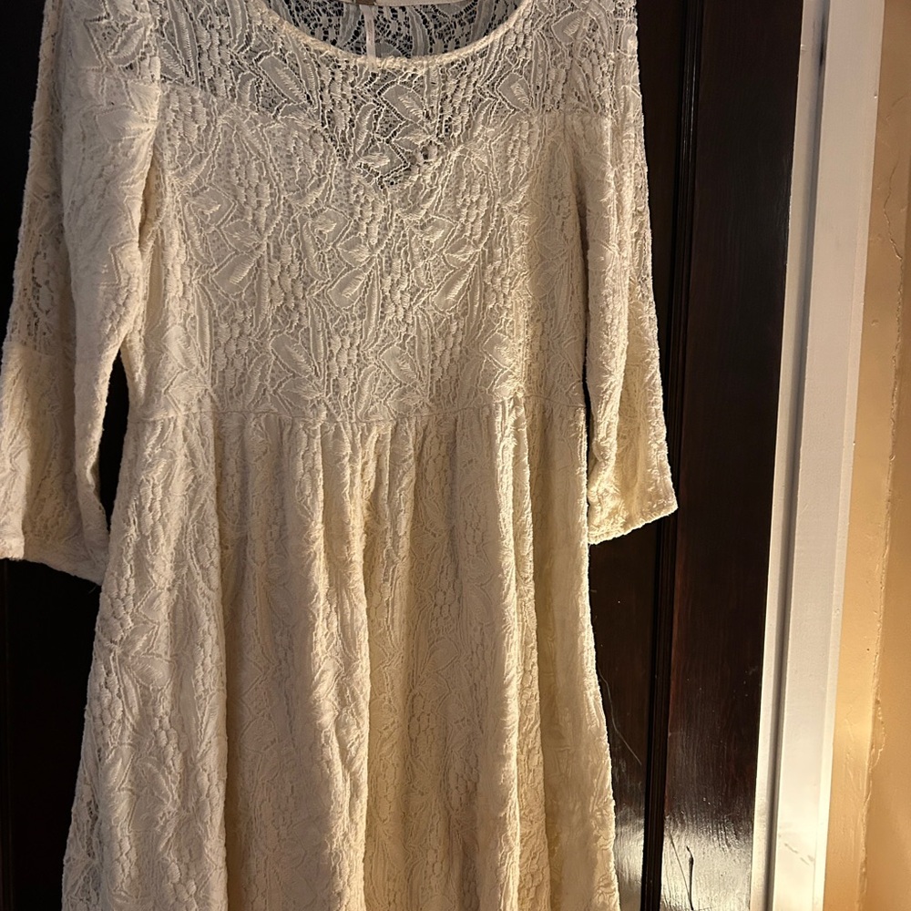 Free People Cream Sundress with 3/4 Sleeves and Scoop Neck
